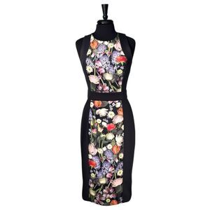 Ted Baker Akva Kensington Dress Size 3 US 8 Black Floral Print Bodycon Zip Midi